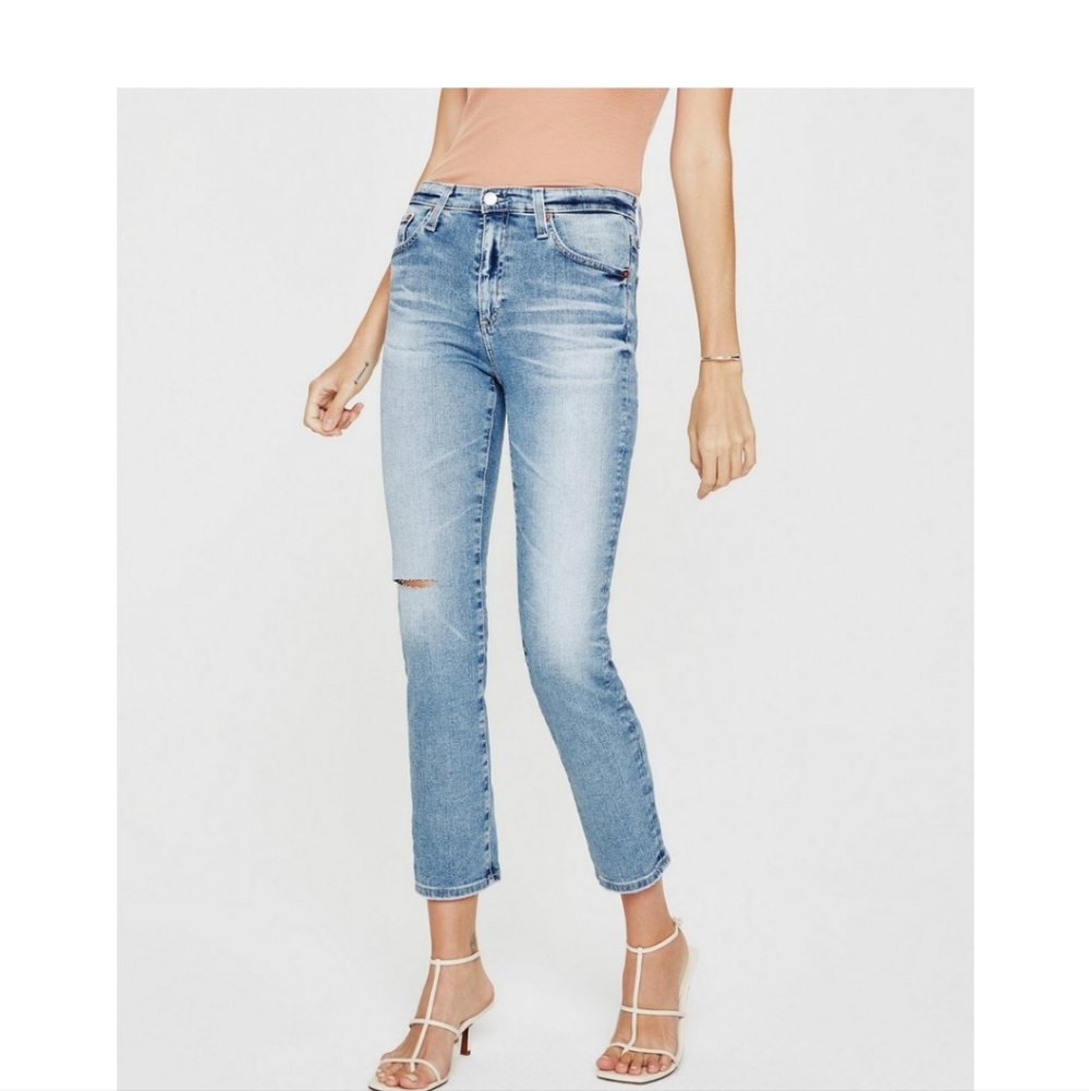 AG Isabelle High Rise Straight Crop Jeans Distressed Light Wash Size 25
